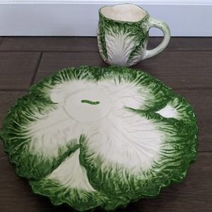 New OCI Omnibus cabbage leaf snack plate mug set caterpillar cute Fitz floyd